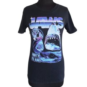 Jaws Graphic Tee - Black Retro Movie T-shirt Small Amity Island Shark Logo